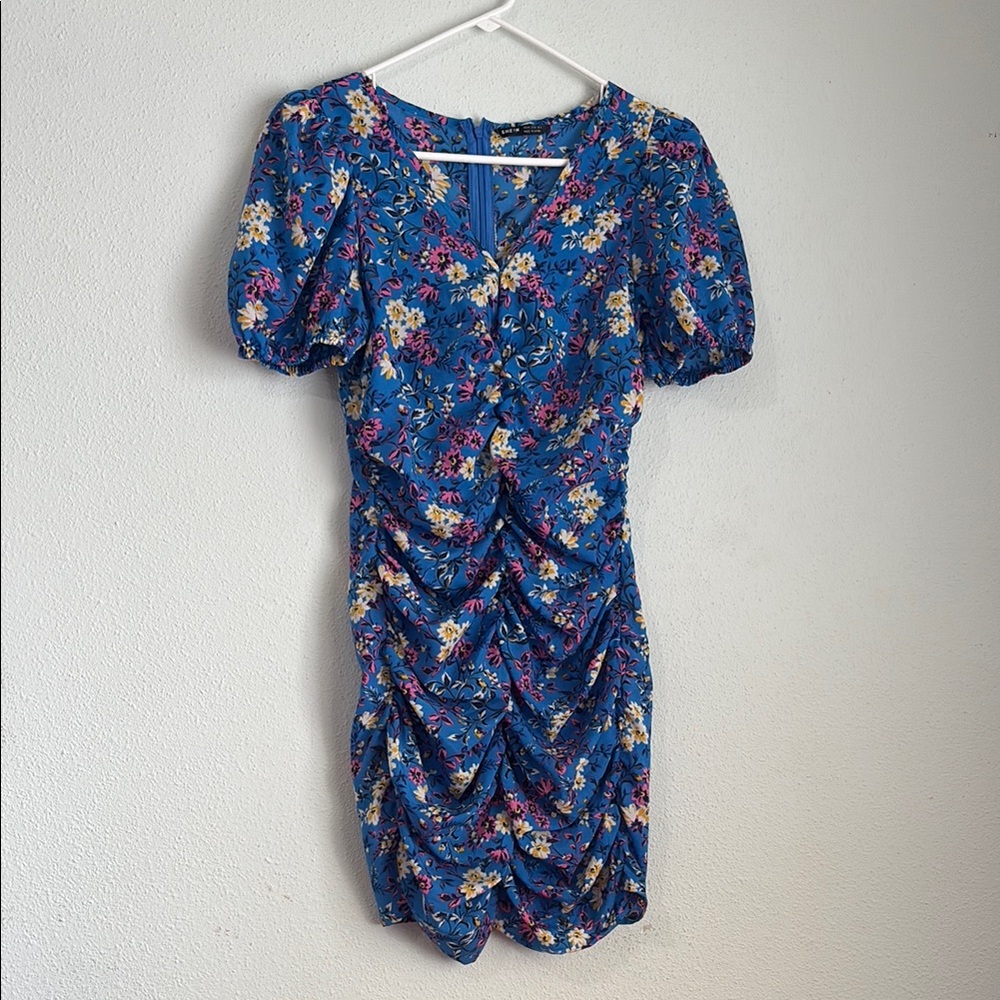 SHEIN White and Blue Ruched Mini Dress with Puff Sleeves